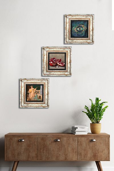 Pinecone Evil Eye, Two Musicians Girl Painting, Pomegranate Wall Painting Framed Stone Wall Decor 3 Piece Set Tk3-1493