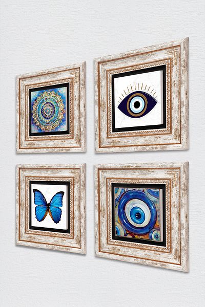 Pinecone Evil Eye, Mandala, Butterfly Wall Painting Framed Stone Wall Decor 4 Piece Painting Set TK4-1642