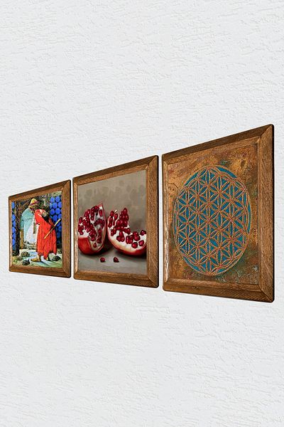 Pinecone Flower of Life, Turtle Trainer, Pomegranate Wall Painting Stone Wall Decor with Wood Frame W3-1593