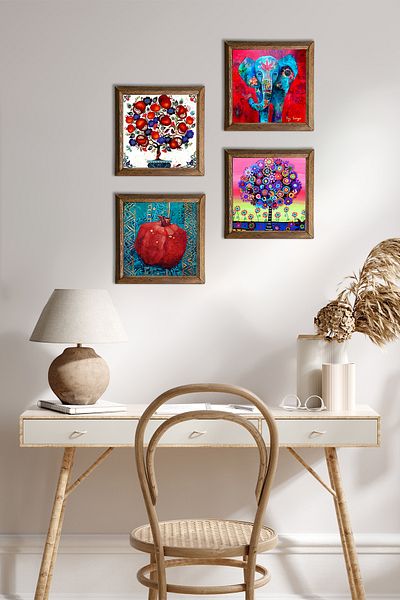 Pinecone Elephant, Tree of Life, Pomegranate Tree, Pomegranate Wall Painting Stone Wall Decor with Wooden Frame 4-Piece Painting W4-877