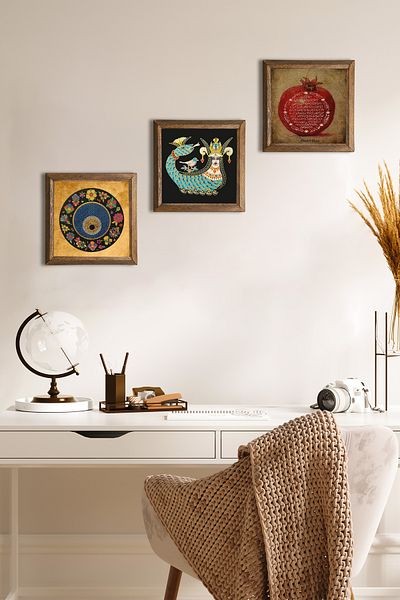 Pinecone Evil Eye Bead, Prayer of Fertility, Shahmeran Stone Wall Painting with Wooden Frame Wall Decor Set of 3 Paintings