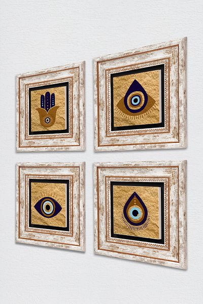 Pinecone Fatma Mother Hand (Hamsa), Nazar Stone Wall Painting Framed Wall Decor 4 Piece Painting Set Tk4-1070