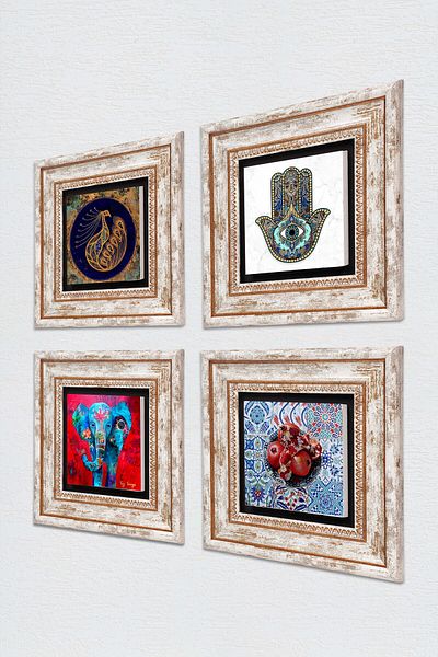 Pinecone Elephant, Peacock, Pomegranate, Fatma Mother Hand Stone Wall Painting Framed Wall Decor Set of 4 Painting Tk4-293