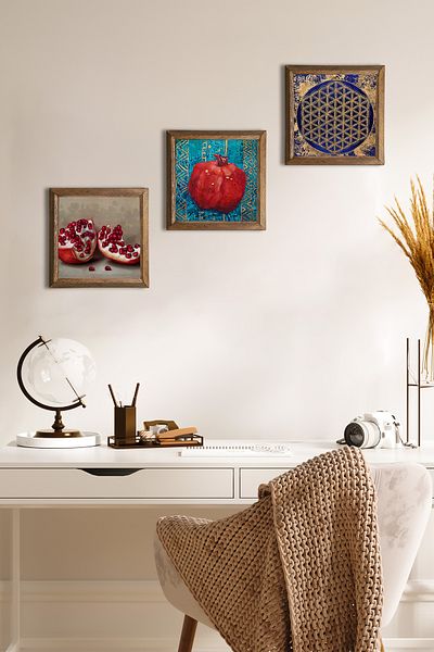 Pinecone Flower of Life, Pomegranate Wall Painting Stone Wall Decor with Wooden Frame 3 Piece Painting Set Wall Art W3-816