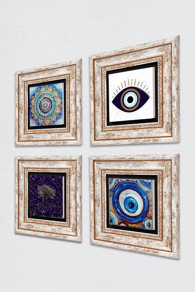 Pinecone Evil Eye, Mandala, Tree of Life Stone Wall Painting Framed Wall Decor 4 Piece Table Set TK4-1648