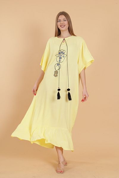 mervemoda Women's Yellow Embroidery Detail Large Size Short Sleeve Woven Dress