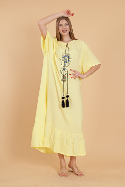 mervemoda Women's Yellow Embroidery Detail Large Size Short Sleeve Woven Dress