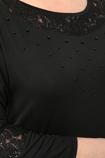 Curvy Trend Μακρυμάνικη μπλούζα με στρογγυλή λαιμόκοψη με δαντέλα και λεπτομέρεια με πέρλες