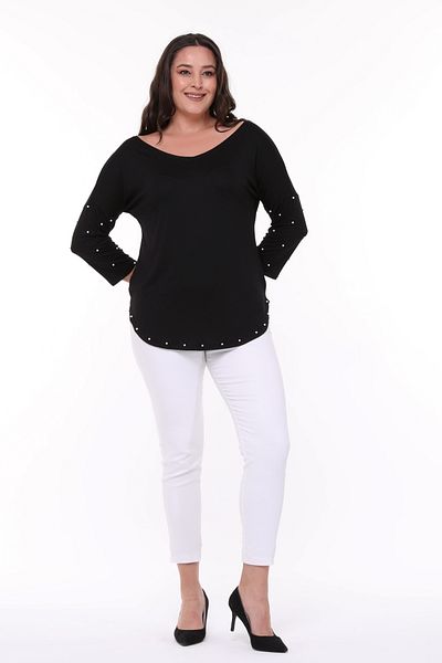 Curvy Trend Plus Size Pearl Detailed Wide V-Neck Half Sleeve Oval Slit Blouse