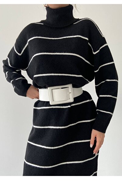 bayansepeti Довгорукаве смугасте плаття з рибальським коміром, середньої довжини, чорне трикотажне, без пояса 183