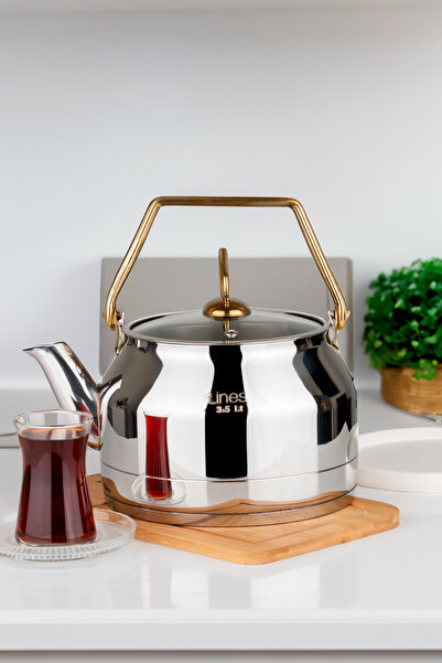 Lines L-3075 Ayperi Stainless Steel Gold Handle Teapot Induction Base Tea Her...