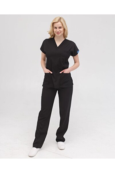 Dr. Mitra بدلة طبيب ممرضة بأكمام الخفافيش من الليكرا للسيدات باللون الأسود