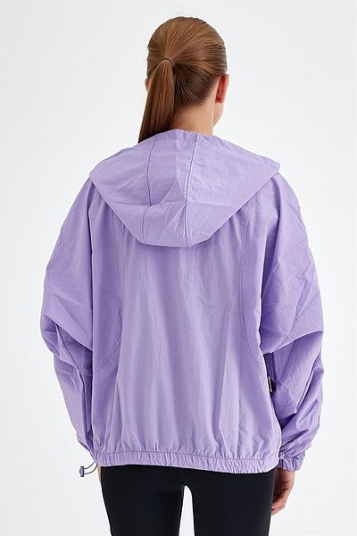 GRAB Γυναικείο Μωβ Παλτό Crop Windbreaker με φερμουάρ και κουκούλα