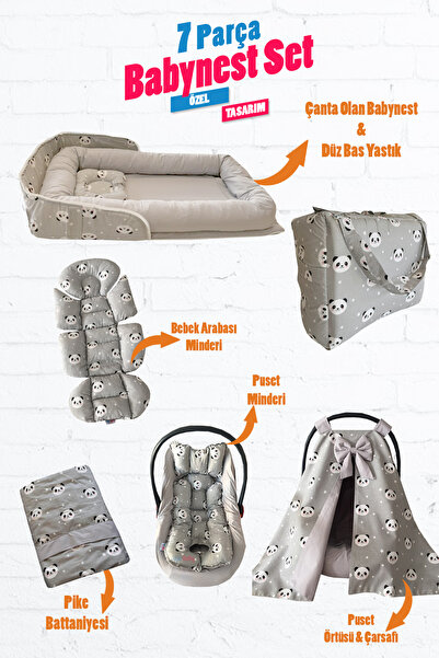 Jaju Baby Gri Panda 7 Parça Çantalı Baby Nest ve Puset Örtüsü Set Çanta Babyn...
