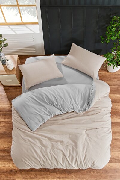 Valezium BEIGE- GRAY SINGLE DUVET COVER SET ELASTIC SHEET AND 1 PILLOW CASE