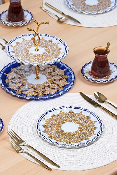 Glore Marsel Altın Yaldızlı 6 Kişilik Cam Pasta Tabağı Takımı