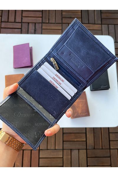 DERKON 100% Genuine Crazy Leather Murpy Model Wallet Navy Blue Color