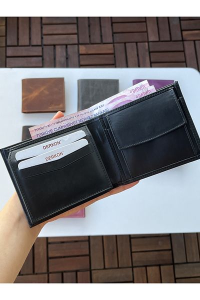 DERKON 100% Genuine Crazy Leather Morry Model Wallet Black