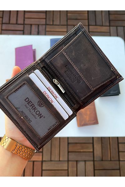 DERKON 100% Genuine Crazy Leather Murpy Model Wallet Brown