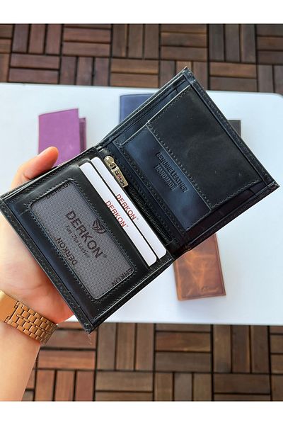 DERKON 100% Genuine Crazy Leather Murpy Model Wallet Black Color
