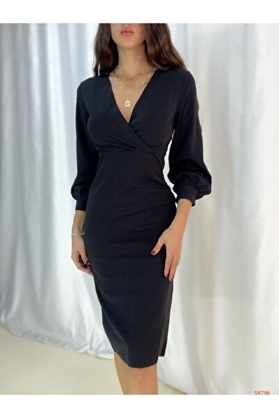 rengamoda Rochie de damă cu mâneci cu balon, guler dublu, crepon, lungime midi, pentru nuntă de absolvire