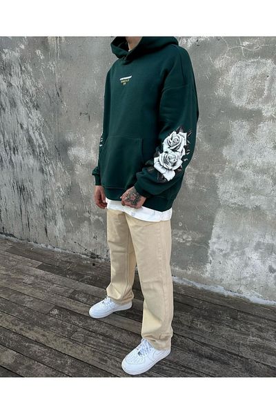 Benisengiydir Green Live in Themoment Printed Oversize Hooded Sweatshirt Unisex