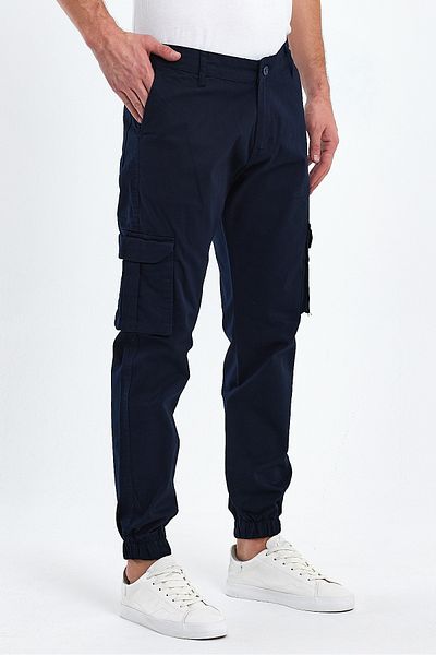 TheSeason Men's Navy Blue Gabardine Slim Fit Elastic Leg Cargo Pocket Cotton Flexible Trousers