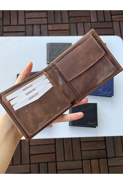 DERKON 100% Genuine Crazy Leather Morry Model Wallet Tan