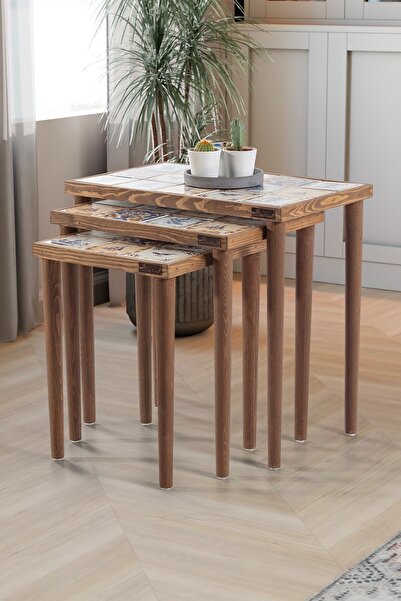 bluecape Selanik Etnik Çini Seramik Doğal Ağaç Çerçeveli 3lü Zigon Sehpa