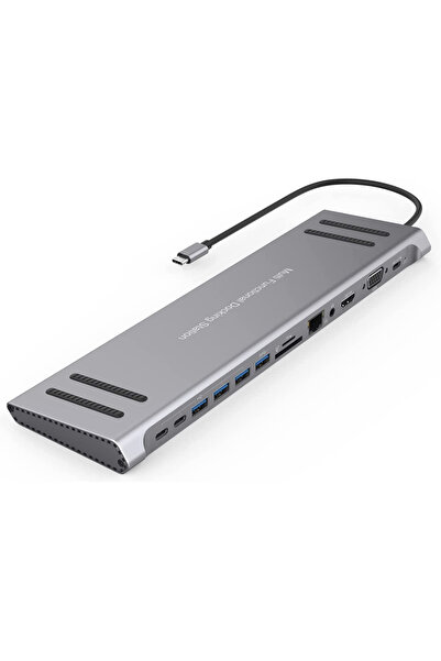 Coverzone 14in1 Type-C to Dock İstasyonu HDMI VGA PD(3.0), 4 * USB, 2 * USB C, 10 / 100M Gigabit Adaptör 9199A