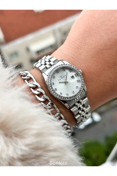 FERRO Brand, Small Case, Steel Cord, Silver Color, Women's Calendar Wristwatch Bracelet