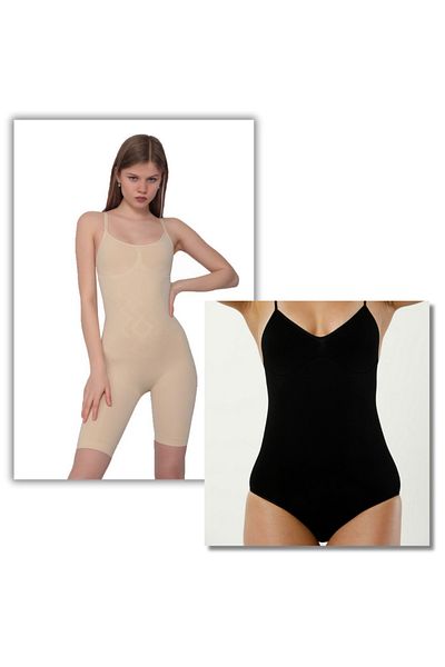 King Bee Pack of 2 Full Size Seamless Nude Colored Women's Corset and Black Graffed Slip Body Corset