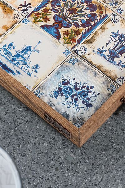 bluecape Thessaloniki Ethnic Tile Ceramic Natural Wood Framed 32x32 cm Serving Presentation Tray
