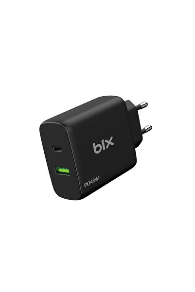 Bix Bx2p45g Gan Pd 45w Type-c Ve Usb-a Qc Çift Portlu Akım Korumalı Hızlı Şarj Cihazı Siyah