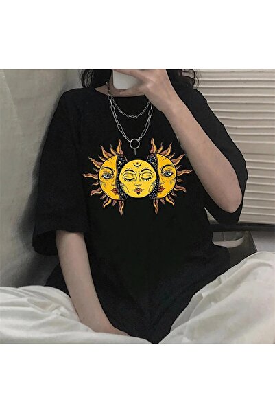 Le Savu Eyl Sun And Moon με τύπωμα oversized Unisex Μαύρο Χρώμα Μπλουζάκι Le ...