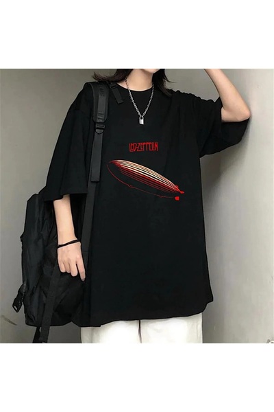 Le Savu Led Zeppelin cu imprimeu Culoare neagră Unisex supradimensionat trico...