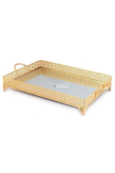 HELVACIOĞLU AKSESUAR 27 Patterned Rectangular Mirrored Tray with Handles 31*43 cm Gold