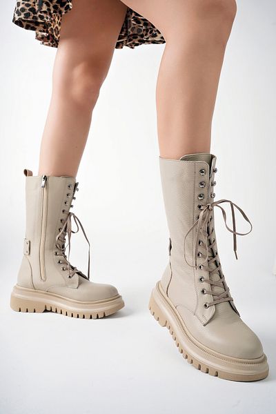 Deripabuc Genuine Leather Beige Women's Serrated Sole Leather Boots Trc-216577
