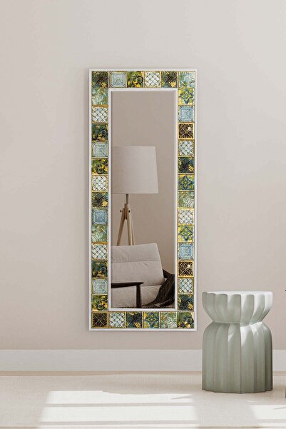 bluecape Belgrad Etnik Çini Seramik Beyaz 60x148 cm Doğal Ağaç Çerçeveli Duvar Konsol Boy Aynası