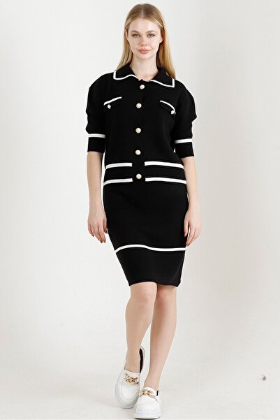 VEGENZE Women's Black Polo Collar Pearl Buttoned Skirt Cardigan Double Knitwear Set