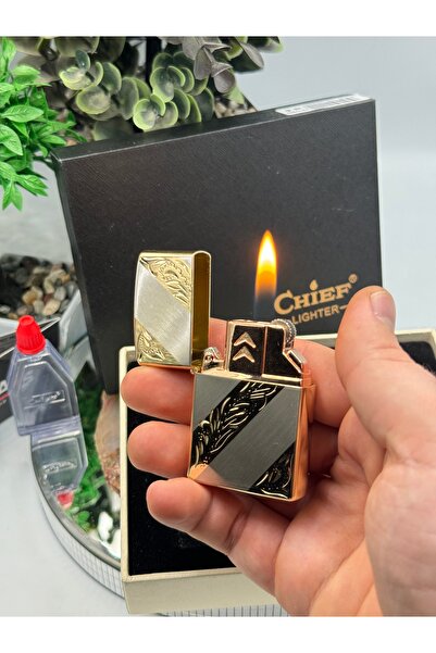 Chief Marka Çift İşlevli Premıum Gold Renk Benzinli Ve Gazlı Çakmak +Benzin Hediyeli