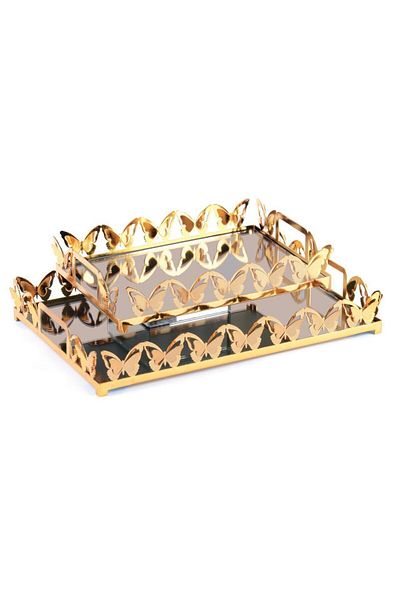 HELVACIOĞLU AKSESUAR Set of 2 Butterfly Laser Handled Rectangular Presentation Tray (21X29 cm - 26X40 cm) Gold