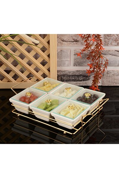 HELVACIOĞLU AKSESUAR 6 Bölmeli Seramik Kahvaltılık, Çerezlik Sunumluk Gold