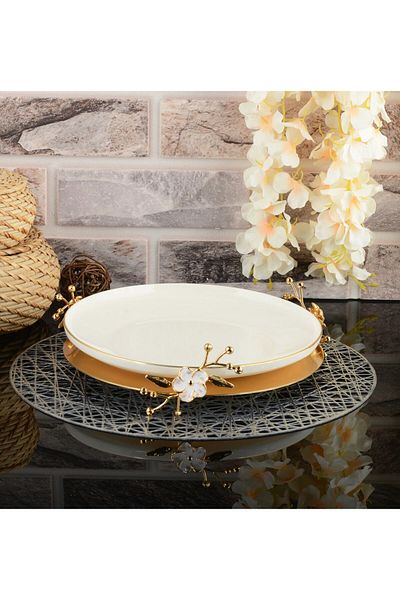 HELVACIOĞLU AKSESUAR Floral Laser Cut Porcelain Presentation Bowl 27 cm Gold