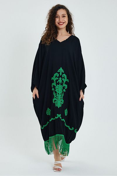 AYASOFYA OTANTIK Women's Black Ethnic Embroidered Skirts Fringed Oversize Loose Dress
