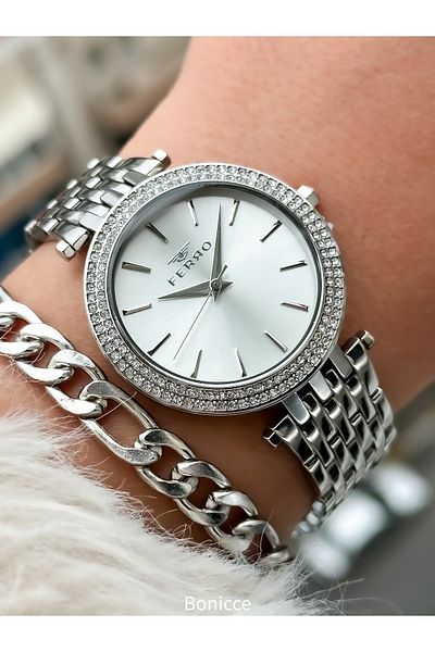 FERRO Stoned Silver Steel Cord Waterproof Women's Wristwatch + Bracelet