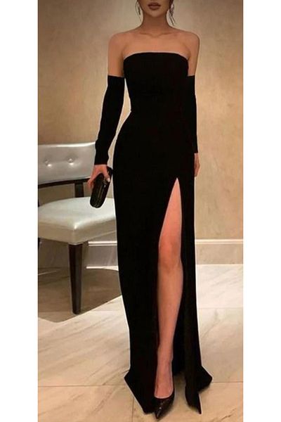 Nsb Tasarım Rochie lungă de damă, neagră, fără bretele, cu decolteu, cu mâneci, cu detaliu cu fante