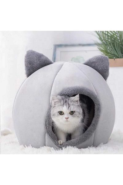 TİNEKE Cat House Soft Cat Bed with Pumpkin Design Deep Sleep and Winter House Removable Cushion Gray