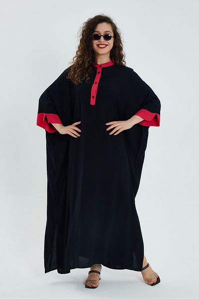 AYASOFYA OTANTIK Women's Black Palm Embroidery Back Detailed Buttoned Collar Oversize Loose Dress