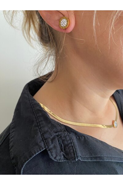 xesha Çelik Altın Kaplama Yassı İtalyan Zincir Kolye Küpe Seti Zincir Kolye Küpe Takımı Taşlı